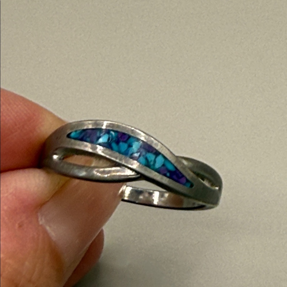 Vintage Southwestern Silver Tone Turquoise Blue Inlay Statement Ring Size 9.5 - Picture 2 of 3